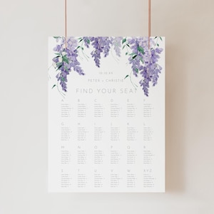 Paarse bloemen bruiloft zitplaatsen grafiek teken, DIY bewerkbare sjabloon, blauweregen bloem AZ zitplaatsen plan, alfabetische volgorde stoeltoewijzing AACC