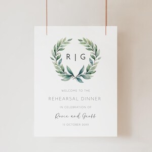 Rehearsal Dinner Welcome Sign with Monogram, Editable Template, Sage Green Leaves Welcome Poster, Large Night Before Wedding Signage