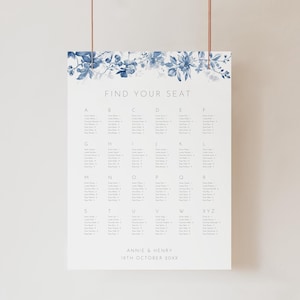 Blauwe toile de jouy-kaart bruiloft zitplaatsen bewerkbare sjabloon, stoffig blauw bloemen plattegrond A-Z, alfabetische volgorde stoeltoewijzing AAAH