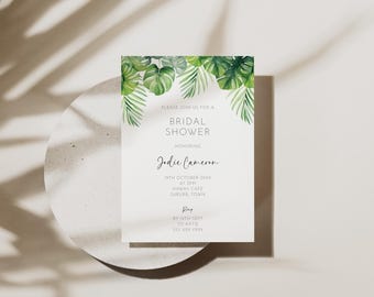 May include: A white card with green tropical leaves printed on the top and bottom. The text on the card reads "Please join us for a Bridal Shower honoring Jodie Cameron 18th October 20XX at 3PM Hawaii Cafe suburb, town RSVP by 18th Sept to Katie 555 100 1000"