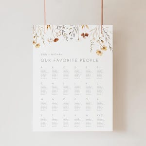 Herfst bruiloft AZ zitplaatsen bord, DIY bewerkbare sjabloon, zitplaatsen plan wilde bloemen douche, herfst bloemen alfabetische volgorde stoelplank AAEN