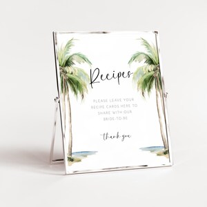 Modello di cartello da tavolo con ricette tropicali con palme, lascia le tue ricette, cartello stampabile per la festa nuziale, decorazione per la festa nuziale in spiaggia AABR
