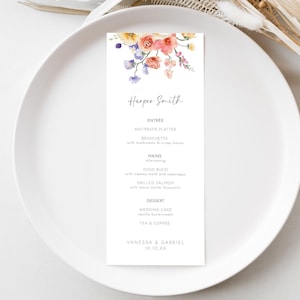 Tarjeta de menú de boda con flores brillantes, plantilla editable, menú de cena con flores de colores y tarjeta de ubicación, tarjeta de nombre de mesa de despedida de soltera imprimible AAVG