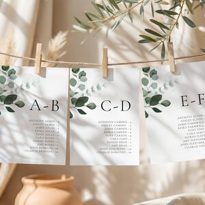 Eukalyptus Hochzeit Alphabetischer Sitzplan Karten Bearbeitbare Vorlage, Probeessen Finden Sie Ihren Platz Nach Alphabet A-Z Tischzuteilung
