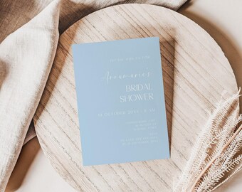 Faire-part de douche nuptiale minimal bleu poussiéreux, quelque chose de bleu faire-part de mariée, modèle d'invitation modifiable imprimable, mariage douche thé AAAK
