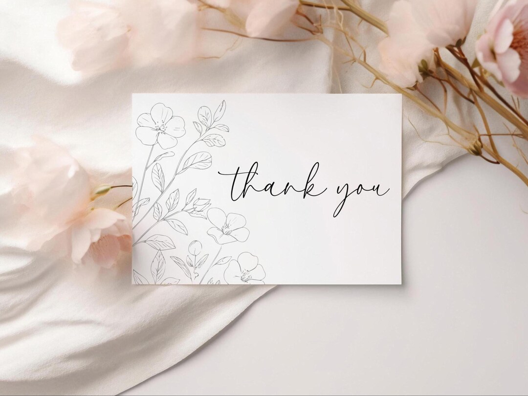 Hand Drawn Floral Thank You Cards, Minimalist Wedding Card, Editable ...