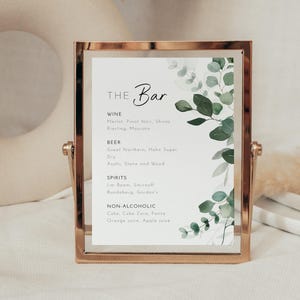 Salbeigrünes Hochzeit Bar Menü Schild, bearbeitbare Vorlage, druckbares Eukalyptus Greenery Bar Schild, Let's Drink Menu Table Minimalistische Beschilderung AAGA