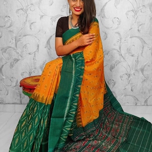 Women's Orange Multicolour Pure Cotton Sampalpuri Handloom with Green Border and Pallu