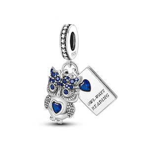 Ciondoli per braccialetti Pandora, ciondolo in argento Sterling per bracciali Moments, ciondolo pendente con gufo scintillante e libro che legge, gioielli pendenti