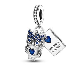 パンドラブレスレットチャーム、モーメンツブレスレット用スターリングシルバーチャーム、輝くフクロウ読書本ダングルチャーム、ペンダントジュエリー