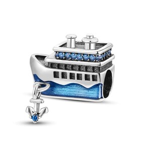 Charms Fits Pandora Bracelet, Sterling Silver Charm for Moments Bracelets, Steamboat Anchored Cruise Ship Charms, Beads, Clips, Pendent