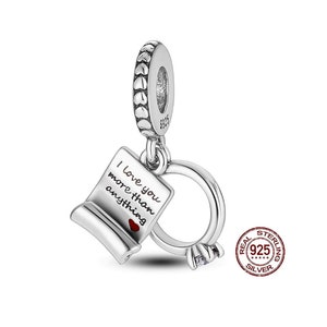Charms para pulsera Pandora, Charm de plata esterlina para pulseras Moments, Charm colgante con carta de amor y anillo de boda, Regalo para ella