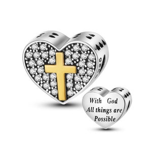Cross Faith Heart Charm Fits Pandora Charm Bracelet , 925 Sterling Silver, Pendant Charms for Bracelets, Women Jewelry,  Gift for her