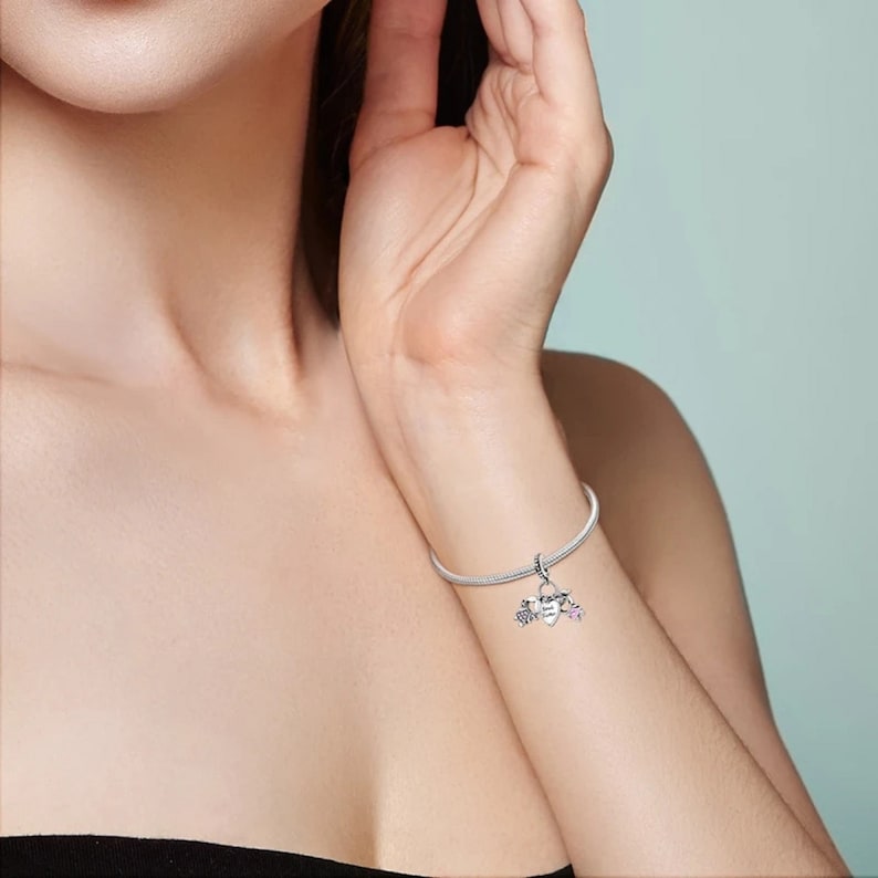 May include: A silver charm bracelet with a heart-shaped charm with a pink stone and a small flower charm.