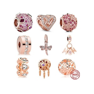 Rose Gold Dangle Charms for Pandora Bracelet, 925 Sterling Silver Heart Charms Fits Original Pandora Charms Bracelet, Women Jewelry, Gifts