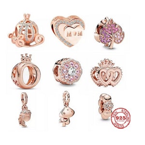 Rose Gold Dangle Charms for Pandora Bracelet, 925 Sterling Silver Heart Charms Fits Original Pandora Charms Bracelet, Women Jewelry, Gifts