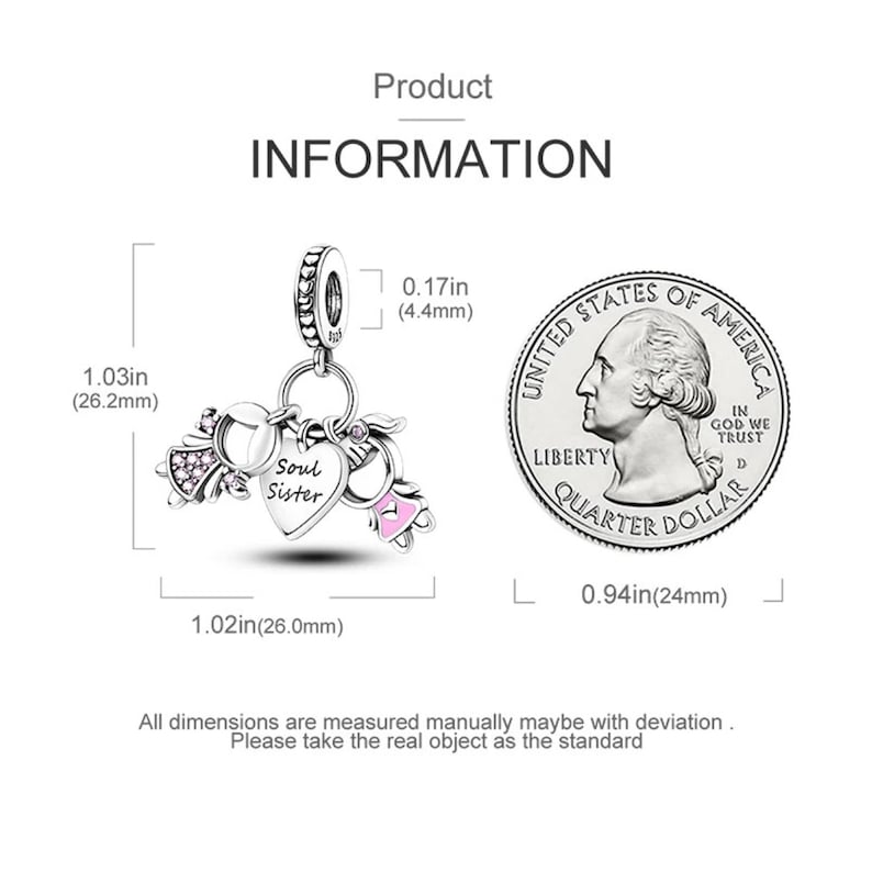 May include: Silver charm with a pink heart that says "Soul Sister" and two pink angel wings on either side. The charm is 1.03 inches tall and 0.17 inches wide.