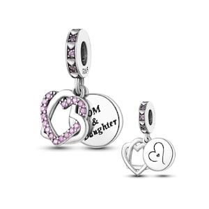 Ciondoli per braccialetti Pandora, ciondolo in argento sterling per bracciali Moments, ciondolo pendente mamma e figlia con cuore in zirconia cubica rosa, gioielli pendenti