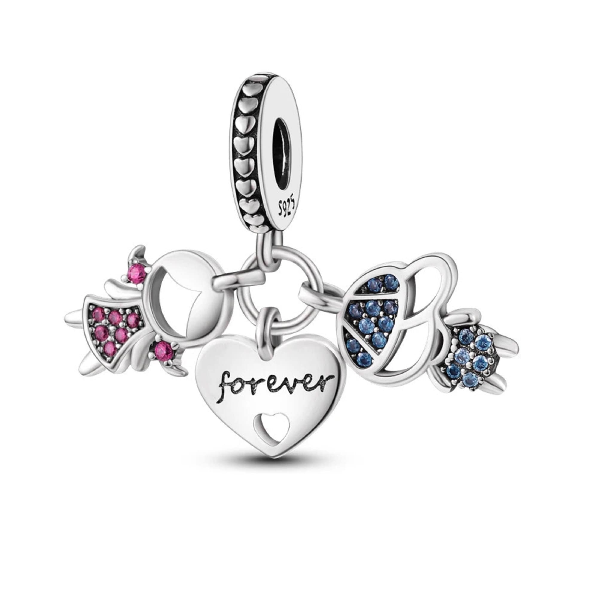 Girl and Boy Heart Charm for Pandora Bracelet, 925 Sterling Silver