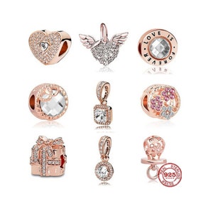 Rose Gold Dangle Charms for Pandora Bracelet, 925 Sterling Silver Heart Charms Fits Original Pandora Charms Bracelet, Women Jewelry, Gifts