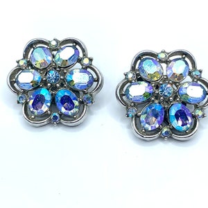 Vintage Crown Trifari Earrings Blue AB Finish