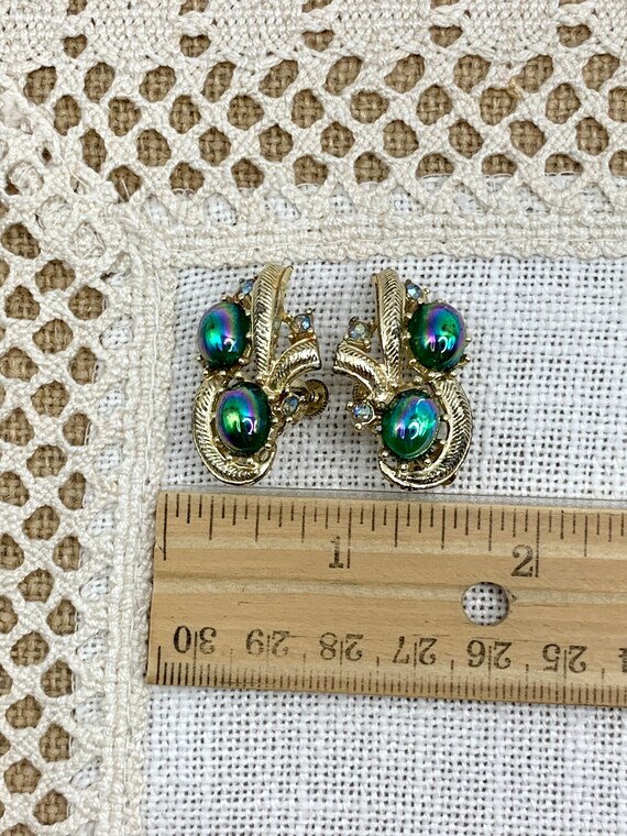 Vintage Signed Coro Clip Earrings Blue Peacock AB - image 3