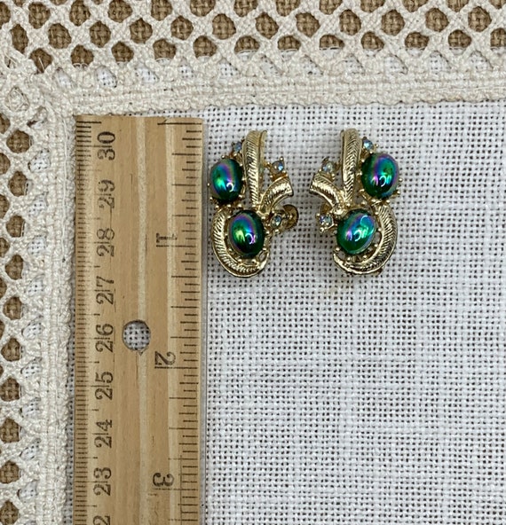 Vintage Signed Coro Clip Earrings Blue Peacock AB - image 2