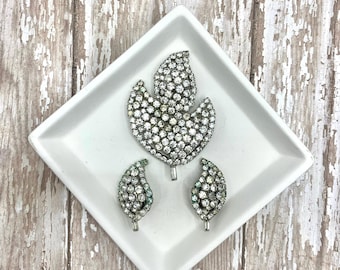Vintage Demi Parure Clear Rhinestone Brooch and Earrings Set; Wedding Jewelry; Statement Jewelry