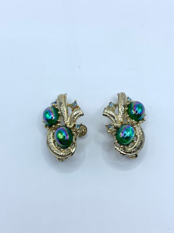 Vintage Signed Coro Clip Earrings Blue Peacock AB - image 1