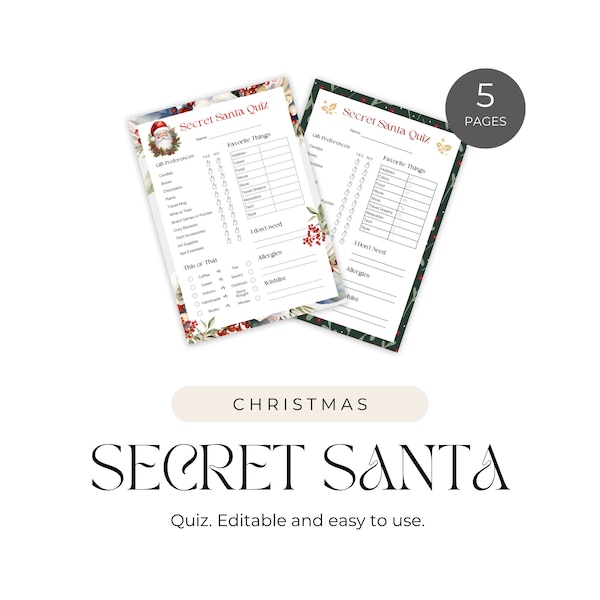 Secret Santa Printable | Employee Appreciation | Gift Exchange Survey | Christmas Gift List | X Mas Tabu Spiel Vorlage | Christmas Party