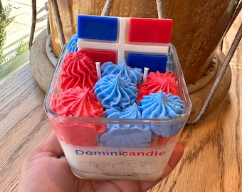 Vela de soja con la bandera de la República Dominicana, aroma a arenas solares, regalo personalizado