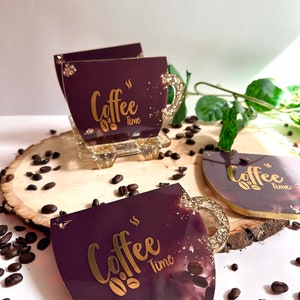 Coffee Cup Resin Coasters – Handmade Coffee Time Coasters with Real Coffee Beans – Gift for Coffee Lovers – Unique Coffee Decor