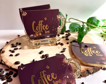 Personalized Resin Coffee Coaster Set with Stand: Coffee Bean Decor