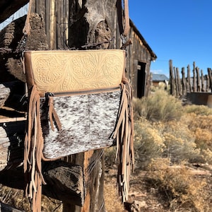 Hair on cowhide and tooled leather bag, cowhide purse, cowhide bag, hand tooled leather purse, cowhide crossbody, handmade leather bag