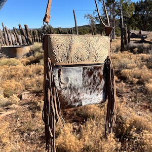Hair on cowhide and tooled leather bag, cowhide purse, cowhide bag, hand tooled leather purse, cowhide crossbody, handmade leather bag