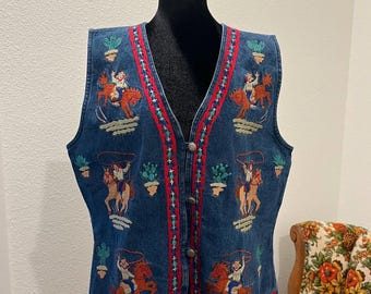 Retro embroidered cowboy and cactus vest ladies size medium/large