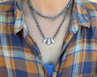 Tear drop faux white buffalo and Navajo pearl necklace, western necklace, cowgirl necklace, Navajo pearls, short western necklace, rodeo