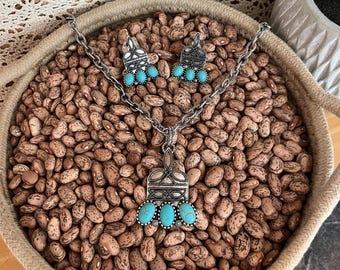 Boot stitch necklace and earring set, faux turquoise western accessories