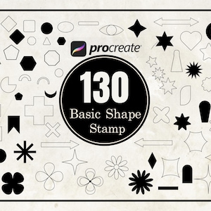 May include: A black and white image of 130 basic shapes for use as stamps. The shapes include circles, squares, triangles, stars, hearts, arrows, and more. The text "130 Basic Shape Stamp" is in the center of the image.