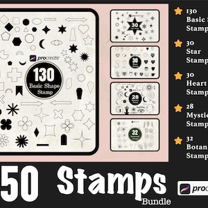 Puede incluir: Una ilustración digital de 250 sellos Procreate para usar en arte digital. Los sellos están organizados en cinco categorías: formas básicas, estrellas, corazones, místicos y botánicos. Cada categoría está representada por una pequeña imagen de los sellos y un recuento del número de sellos en cada categoría. La imagen también incluye el texto "250 Stamps Bundle" y el logotipo de Procreate.