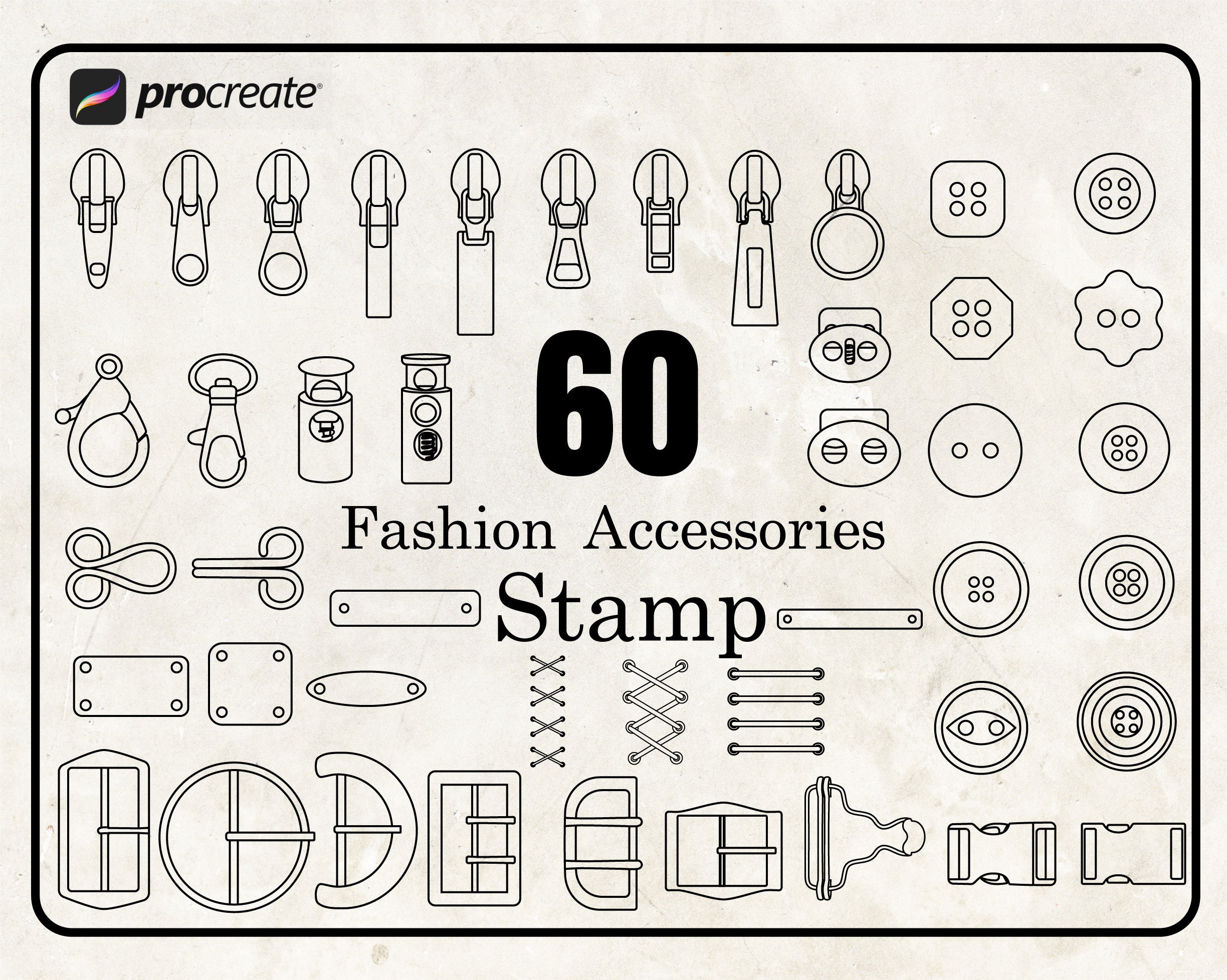 Procreate Fashion Accessories Stamp Brushes Set – 60 Button, Zipper Pull, Buckle, Toggle, Plate, Lacing, Bow Stamps