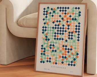 May include: A framed print with a geometric pattern of blue, green, orange, and white squares. The print is titled "VIVIDNESS" and has the dates "MARCH 2020" and "MAY 15" printed below the title.