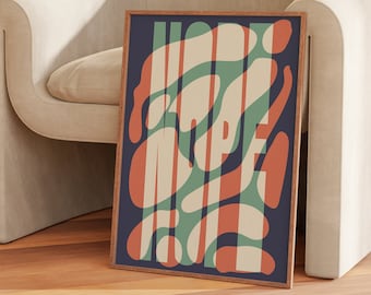 May include: A framed abstract art print with a blue background and colorful abstract shapes. The print features the word "Hope" in a stylized font.