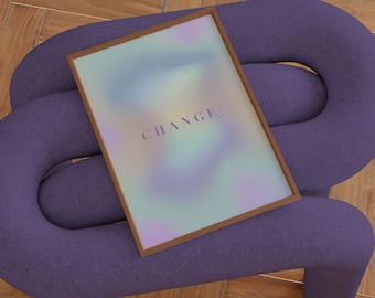 May include: A purple, curved, fabric sofa with a wooden frame holding a framed print with the word "CHANGE" in a holographic font.