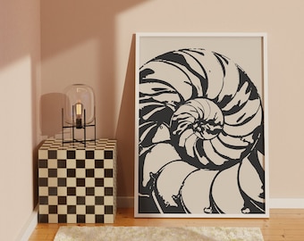 Czarny Nautilus Print: Sztuka ścienna z motywem oceanu przybrzeżnego (pobranie cyfrowe)
