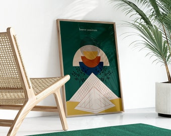 May include: A green and yellow poster with the text "louvre museum" and a stylized illustration of the Louvre Pyramid with a geometric design behind it.