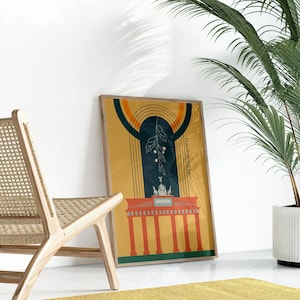 May include: A colorful abstract print featuring the Brandenburg Gate in Berlin, Germany. The print has a yellow, orange, green, and blue color scheme. The text "Brandenburger Gate" is written on the right side of the print.