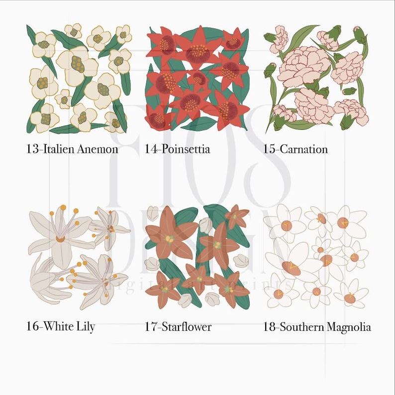 May include: Six floral illustrations featuring various flower types, including Italian Anemone, Poinsettia, Carnation, White Lily, Starflower, and Southern Magnolia. Each design is accompanied by a number and the flower's name. The illustrations are on a white background.