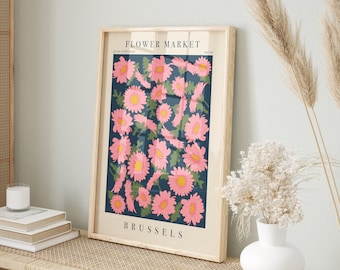 Brüsseler Blumenmarkt Poster, Frühlingsblumenkunst, druckbare botanische Naturplakate, Retro Wohndekor-Wandbehänge, Illustrations-Wandkunst
