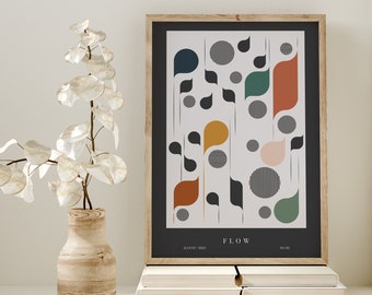 May include: A framed abstract art print with a white background and colorful geometric shapes. The print is titled "FLOW" and includes the date "AUGUST / 2023" and the number "NO. 003".